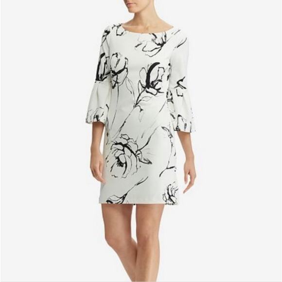 Lauren Ralph Lauren Dresses & Skirts - LRL White/Black Abstract Floral Bell Sleeve Shift Dress Womens SZ 10 Cocktail